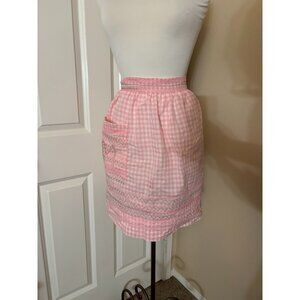 VINTAGE Pink Embroidered Gingham Half Apron 50s Handmade